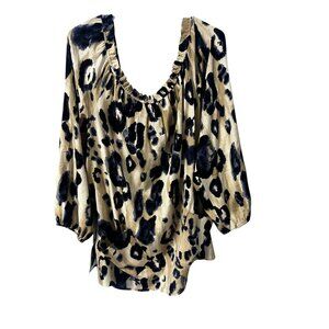 St. John Animal Print Blouse WOMEN L Loose Fit Beige & Navy Long Sleeves Ruffled